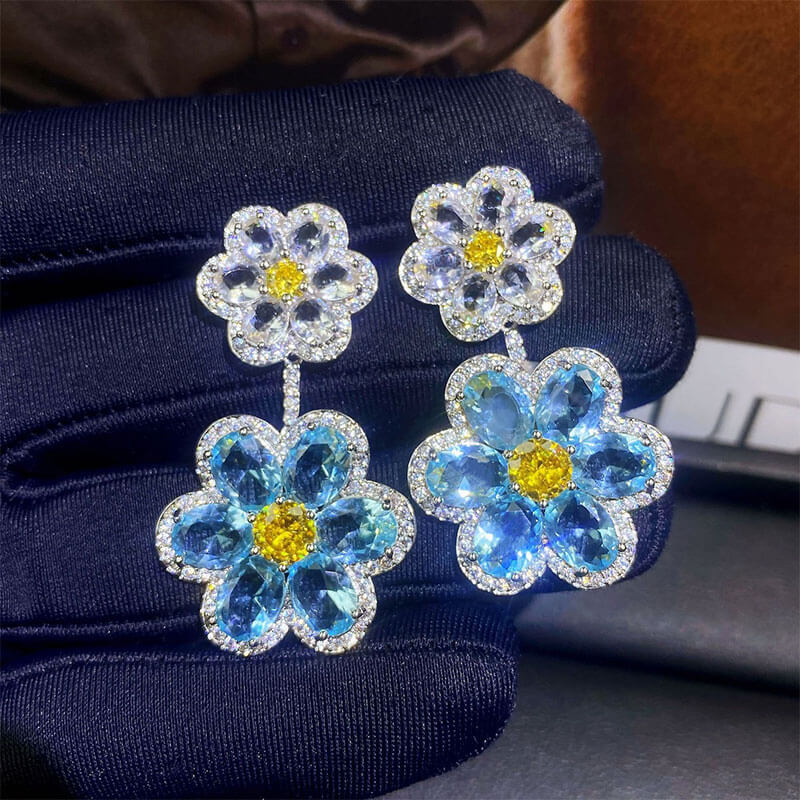 Imitation Sea Blue Diamond Double Flower Exquisite Light Luxury Earrings Burst Ice Flower Yellow Diamond Zircon Earrings