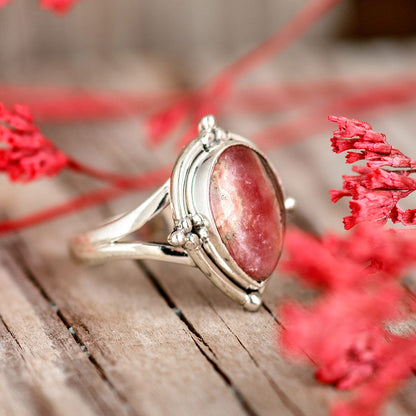 Preorder: Drip Shape Teardrop Rhodochrosite Ring