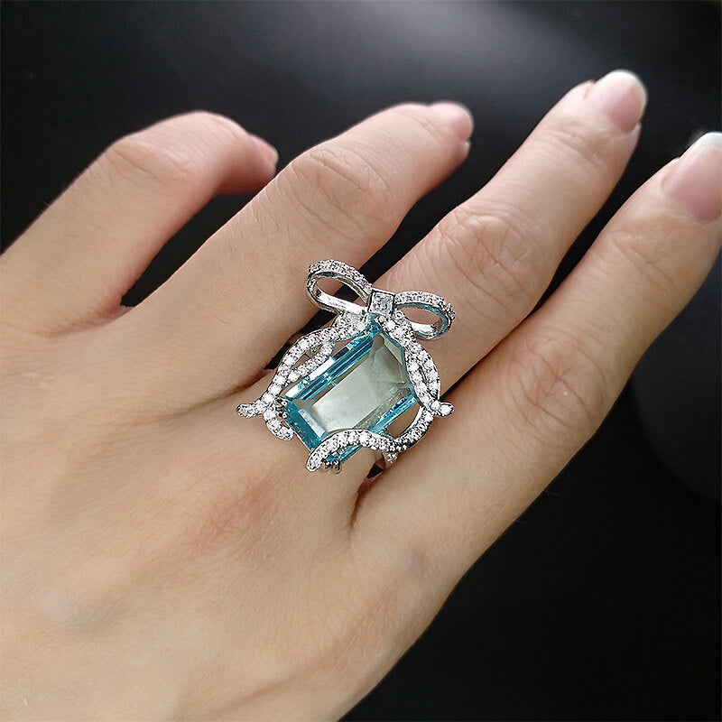 New Brilliant Imitation Aquamarine Bow Ring Fire Santa Maria Imitation Topazche Ring