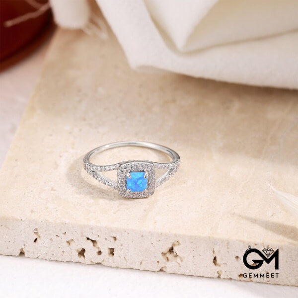 S925 Sterling Silver Blue Square Opal Hollow Ring