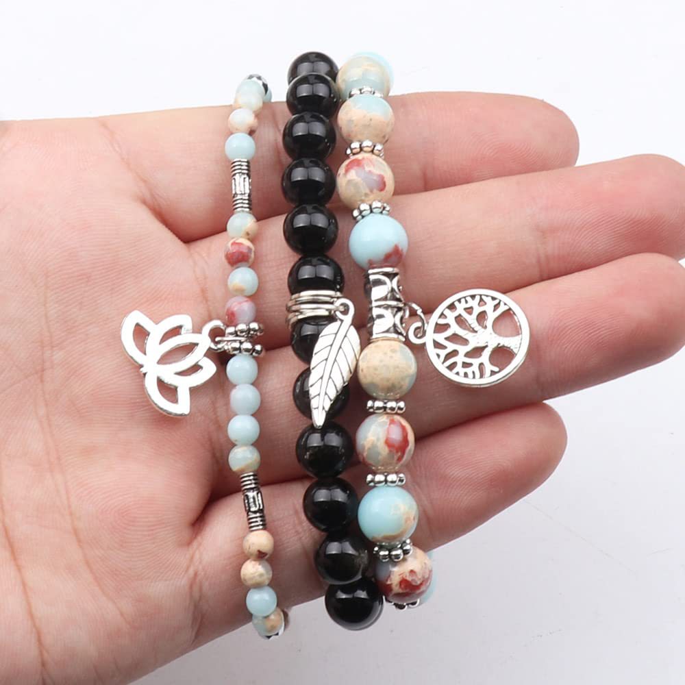 Life of Tree Lotus & Leaf Symbol Obsidian Amazonite Bracelet