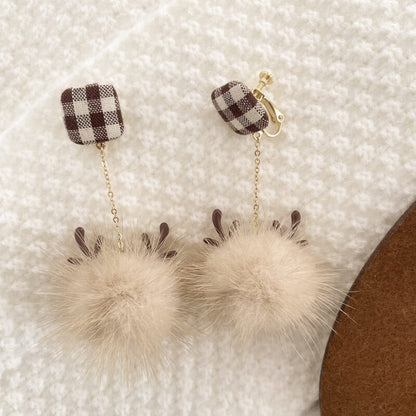 Christmas Elk Fur Ball Brown Girl Sweet Earrings Without Pierced Ear Clips