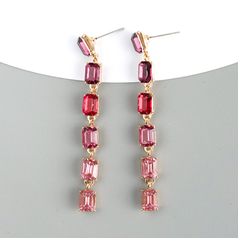 Multi-layered Rectangular Long Tassel Earrings with Colored Zircons