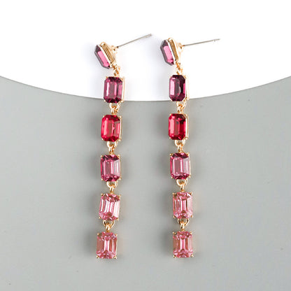 Multi-layered Rectangular Long Tassel Earrings with Colored Zircons