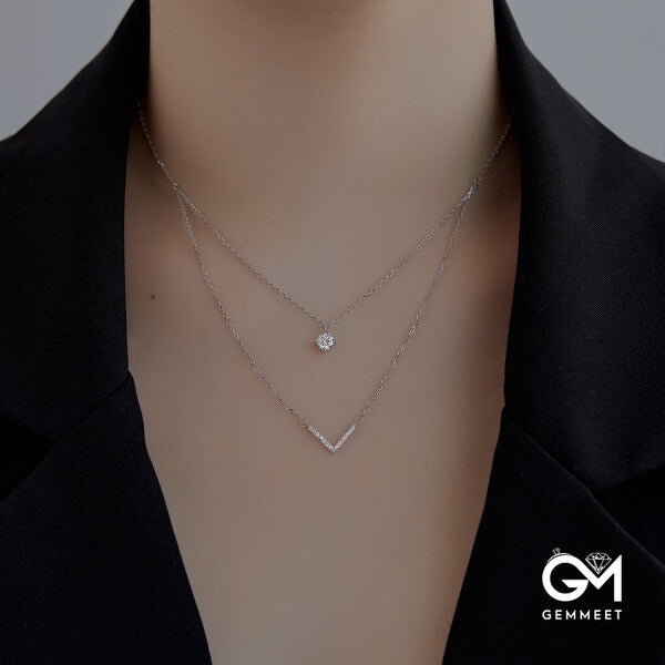 S925 Pure Silver Zircon V-shaped Double Necklace