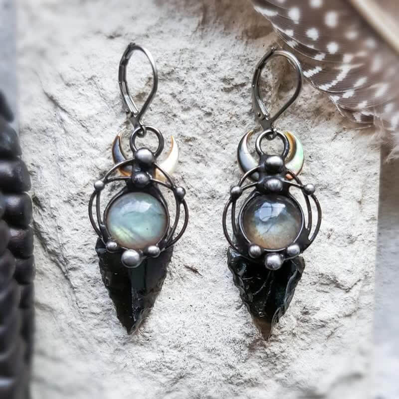 Mystery Witch Obsidian & Moonstone Earrings