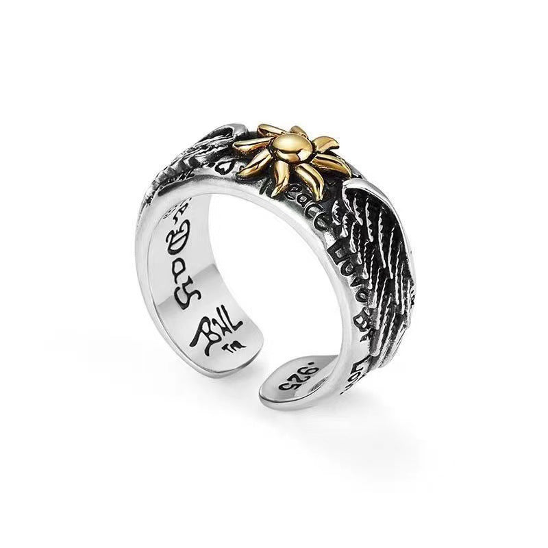 Vintage Men's Graffiti Alphabet Sunflower Wings Ring