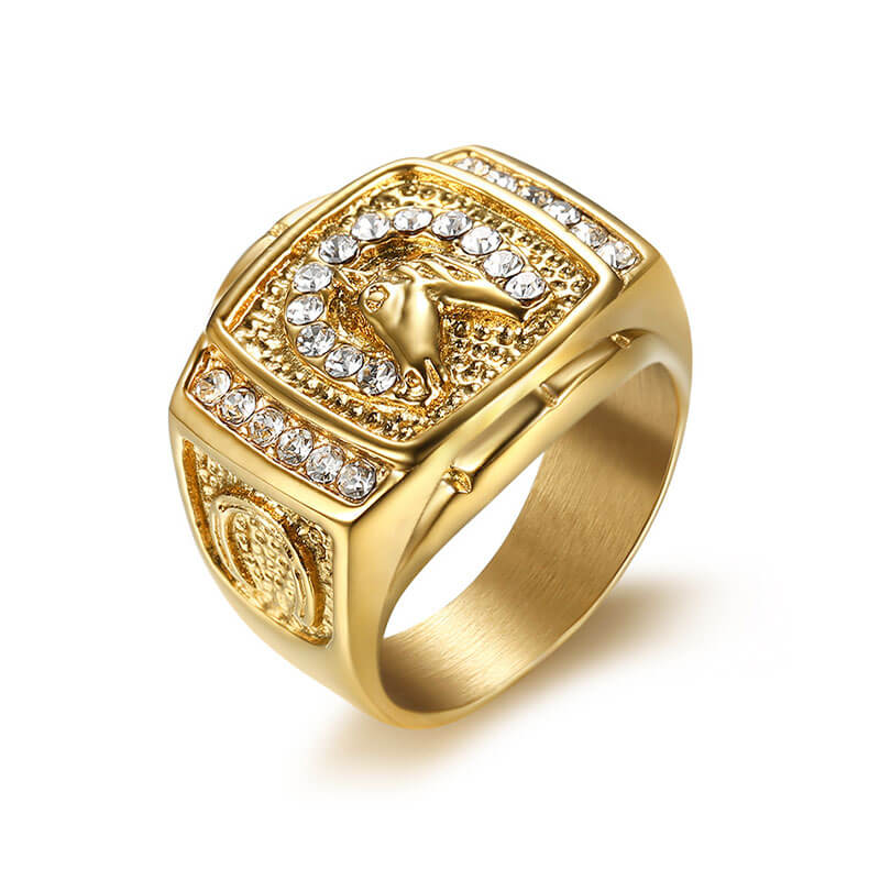 Hip-hop HIPHOP Jewelry Titanium Steel Gold-plated Inlaid Cubic Zirconia Horse Head Men's Ring