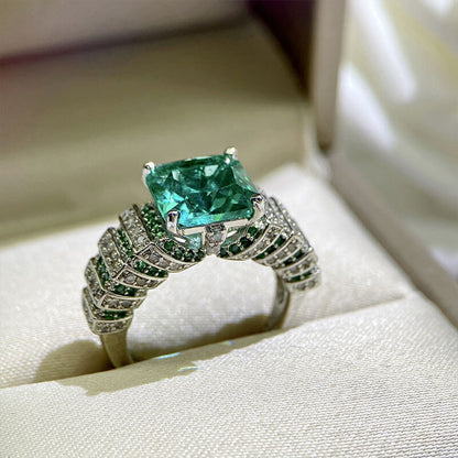 Imitation Paraiba Iron Tower Ring Lake Green High Carbon Diamond Green Zircon Color Treasure Open Ring