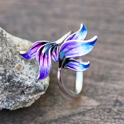 Blue Pink Feather Leaves Ring