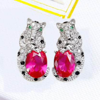 Retro Color Treasure Leopard Earrings High Carbon Diamond Light Luxury Niche High-end Emerald Pigeon Blood Red Earrings