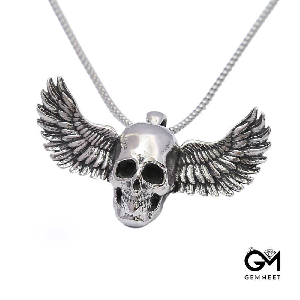 Stainless Steel Feathered Skull Necklace