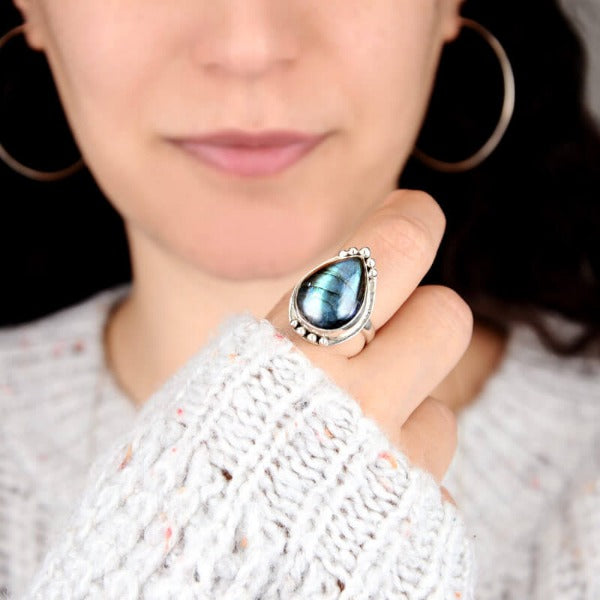 Preorder: Drip Shape Teardrop Labradorite Ring