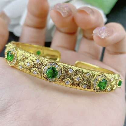 Handmade Butcher Silk Inlaid Zircon Opening Bracelet Women's Weaving Pattern Carved Gold Imitation Emerald Zircon Bracelet