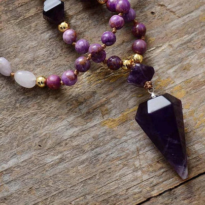 Natural Amethyst Purple Jade Beaded Mala Necklace