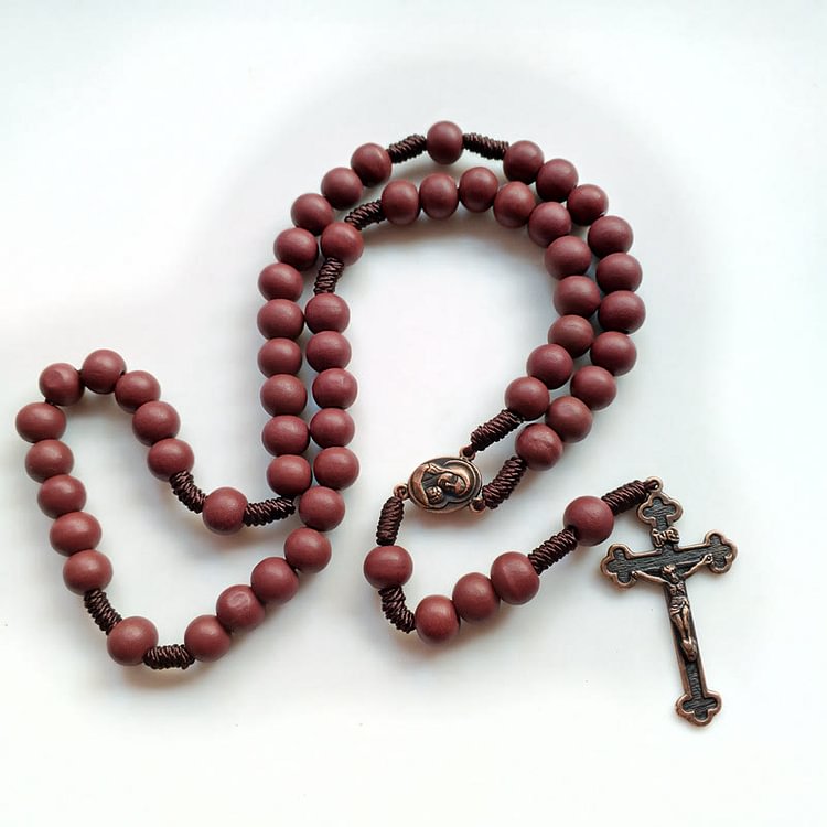 Red Brown 10mm Wooden Bead Cross Rosary Necklace