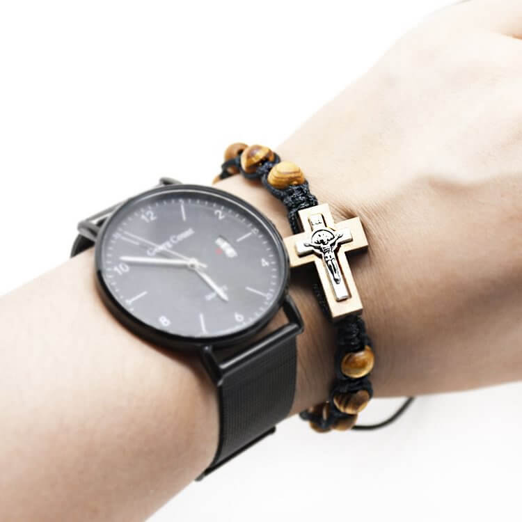 Cross Jesus Wooden Rosary Wrap Bracelet