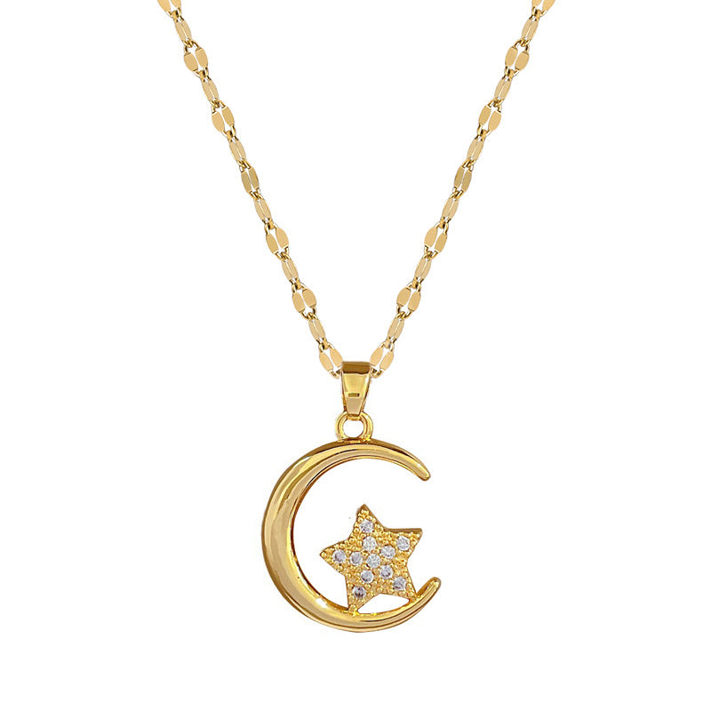 Moon & Full Stones Star Hollow Pendant Necklace