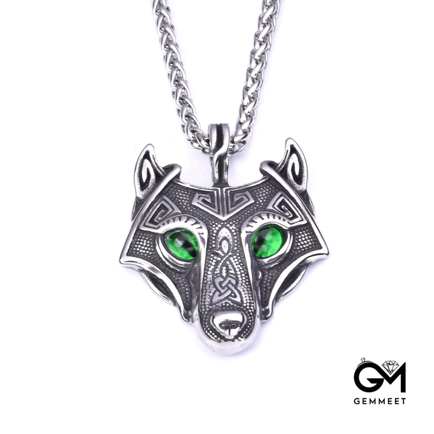 Stainless Steel Wolf Head Green Zircon Eye Necklace