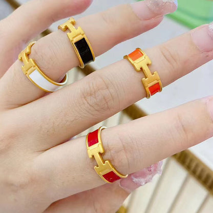 Red Enamel Color Epoxy Women's Fashion H Letter Open Ring 3D Gold Color Ring