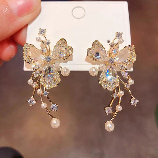 Light Luxury Full Diamond Flower Earrings New Trendy Exaggerated Temperament Butterfly Earrings Pearl Earrings