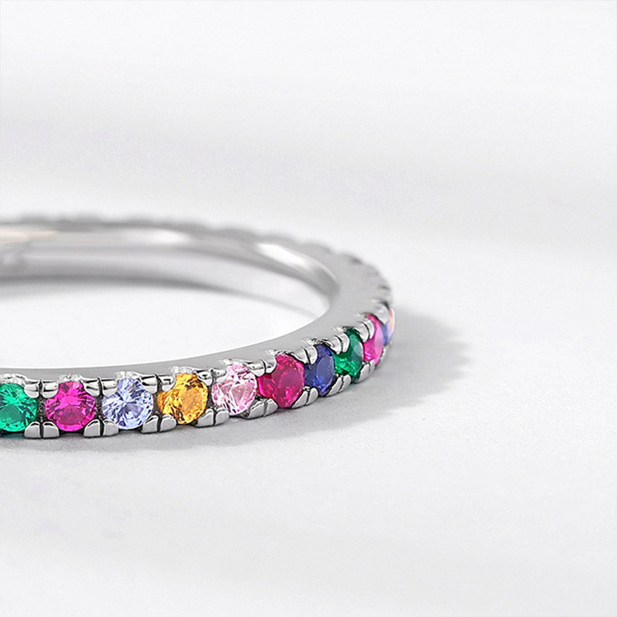 White Gold Prong Common Rainbow Stones Band Ring