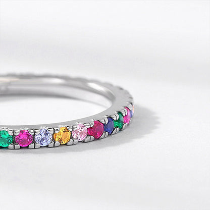 White Gold Prong Common Rainbow Stones Band Ring