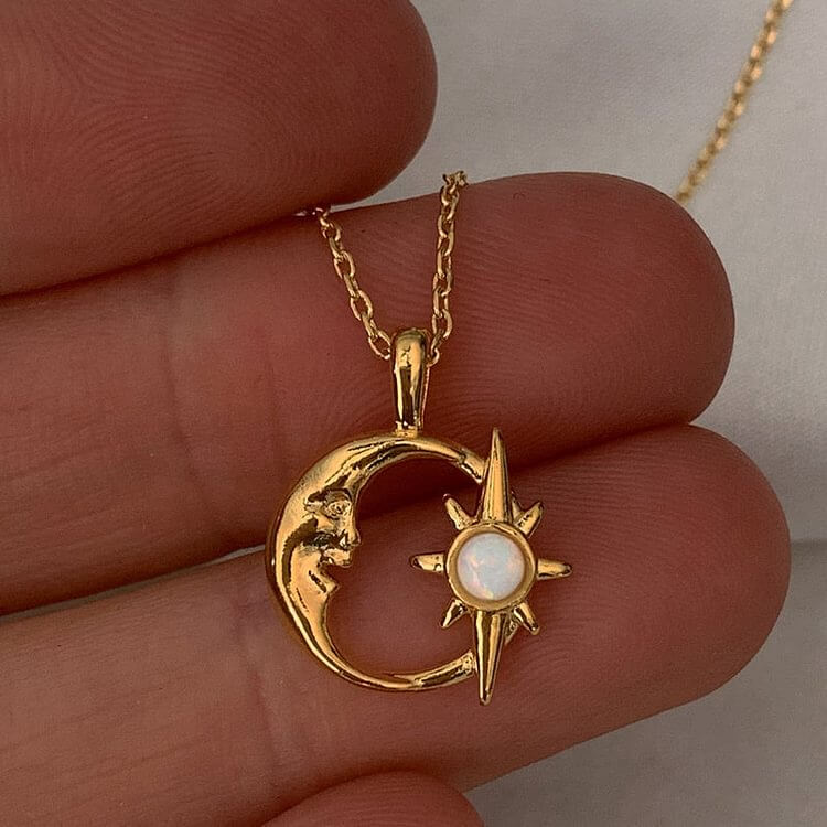 Natural Opal Hollow Star Moon Clavicle Necklace