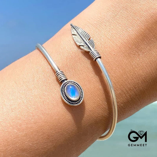 "New Life" - Feather Moonstone Bangle Bracelet