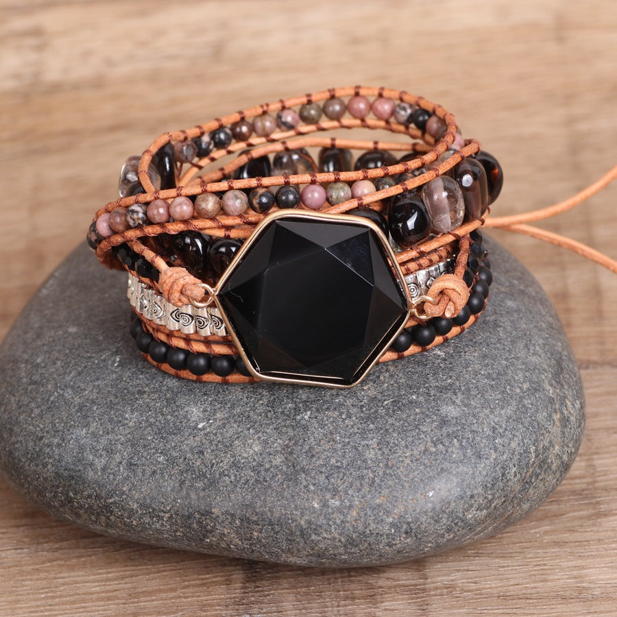 Bohemian Multi-Layered Decorative Hexagonal Obsidian Bracelet