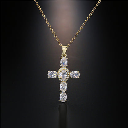 Full Oval Cut Stones Cross Shape Chain Necklace