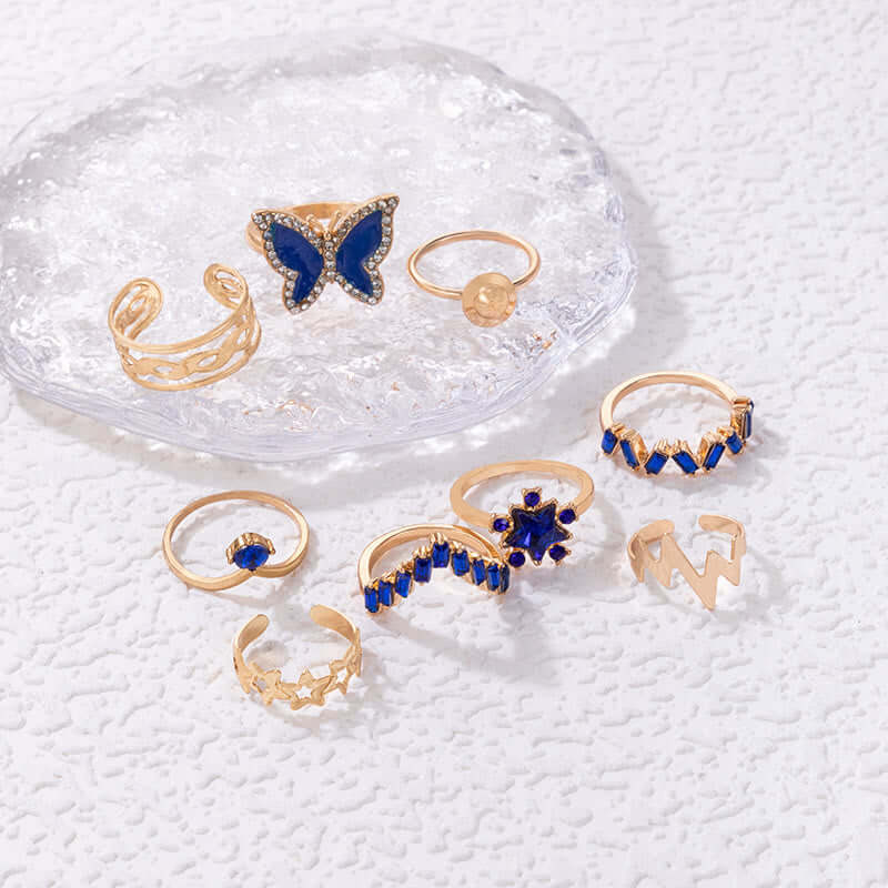 9 Pieces Butterfly Rhinestone Ring Set