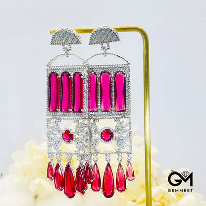 Hollow Rectangular Red Stone Tassel Drop Earrings