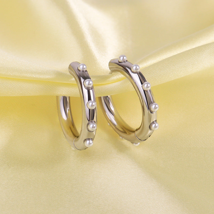 Huggie Steel Pearl Chunky Hoop Earrings