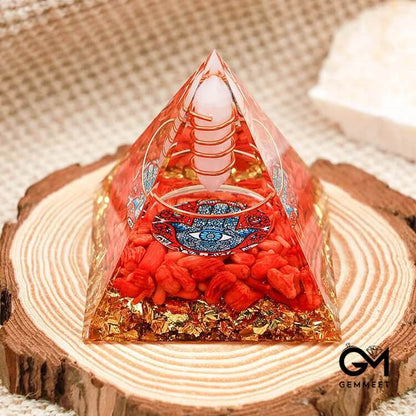 Opal With Red Coral Hamsa Orgone Pyramid