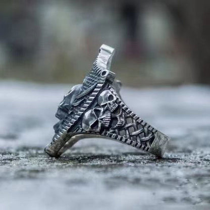 Vintage Sword With Shield Skull Ring