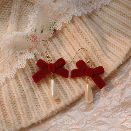 "Christmas Girl" Wine Red Velvet Bow Autumn and Winter Retro Sweet and Cute Imitation Pearl Earrings