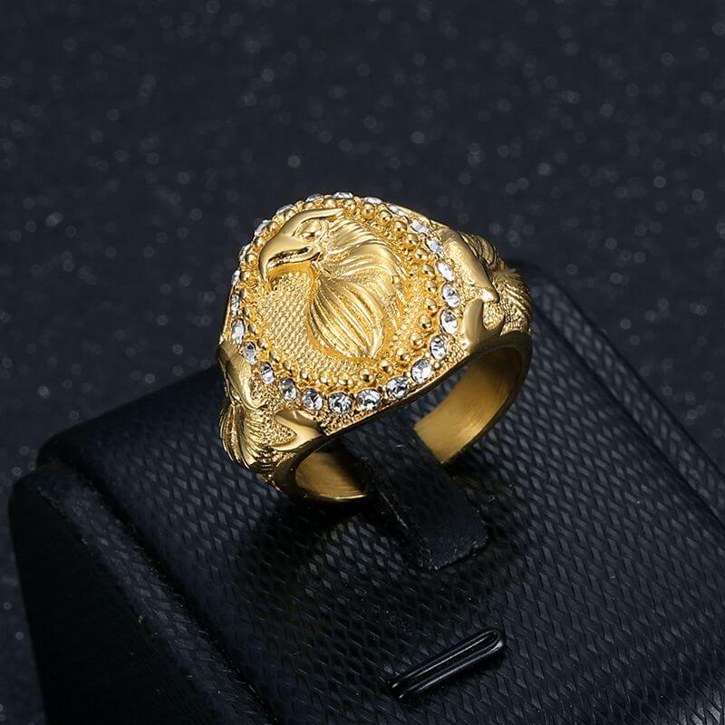 Animal HIPHOP Titanium Steel Rhinestone Gold-plated Two-tone Eagle Men's Ring