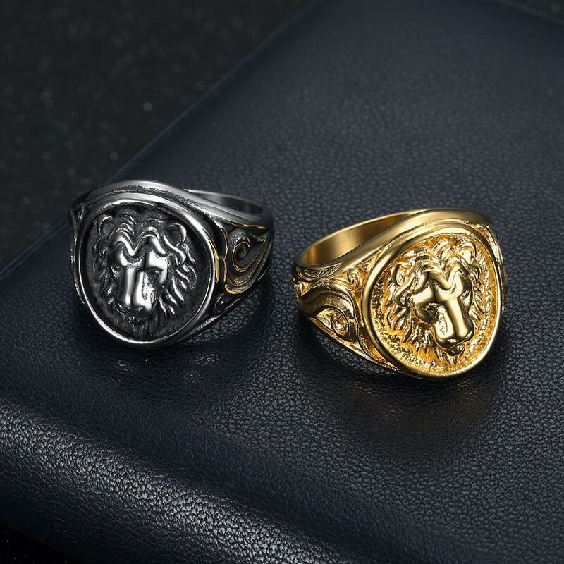 Vintage Punk Animal Lion Head Grass Pattern Men's Ring