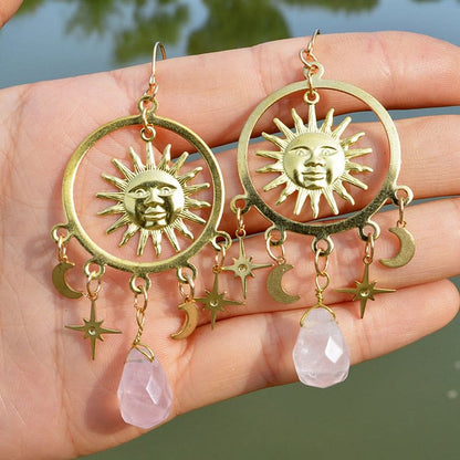 Natural Raindrop Crystal Gold Sun Moon Star Earrings