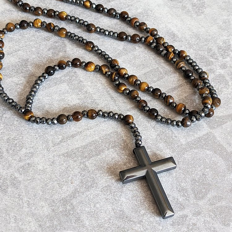 Tiger Eye Lapis Lazuli Cross Men Rosary Necklace