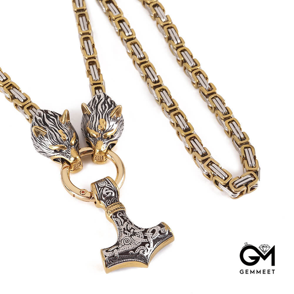 Gold Stainless Steel Wolf Head Thor Hammer Necklace