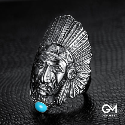 Titanium Steel Indian Chief Feather Turquoise Ring