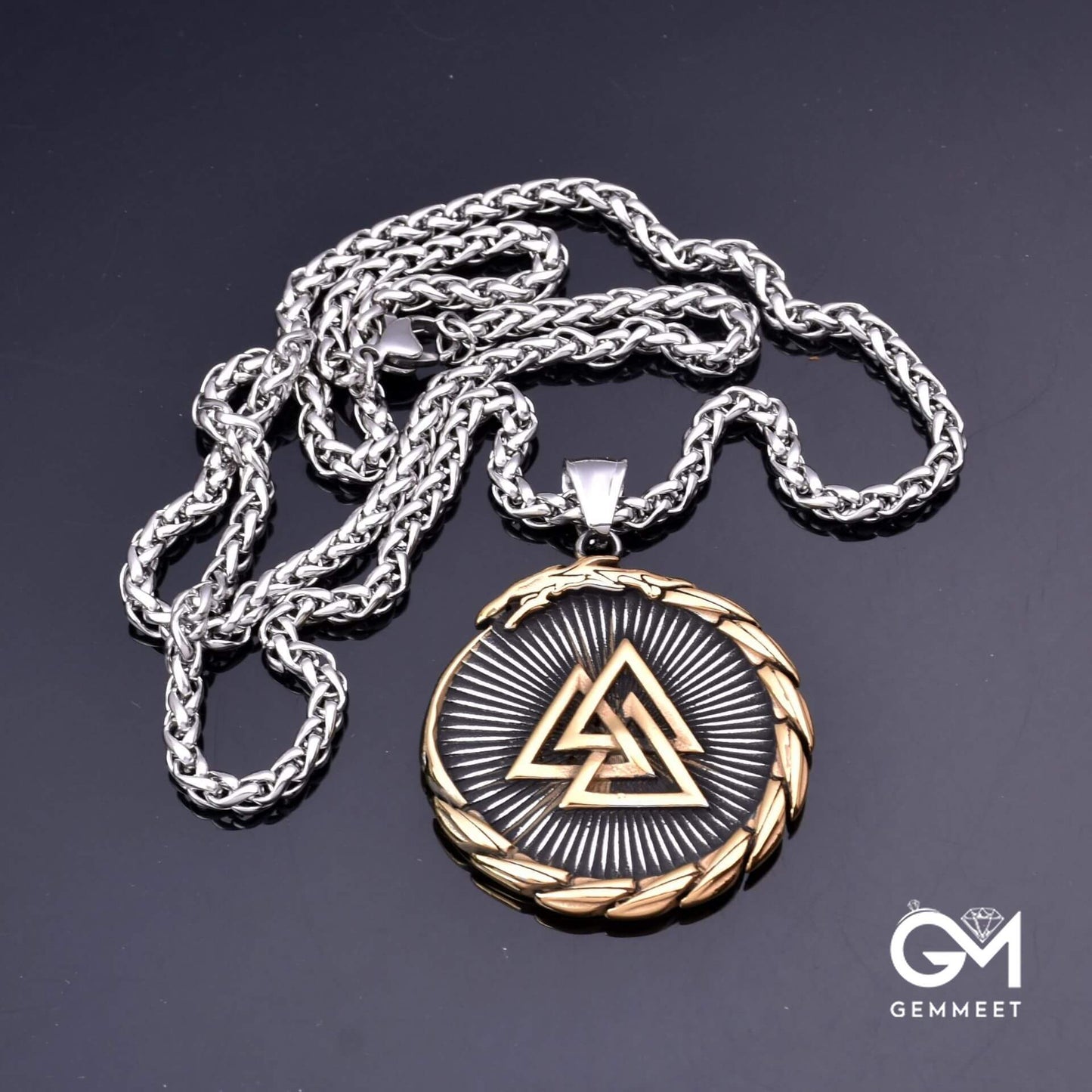 Stainless Steel Viking Triangle Rune Dragon Round Necklace