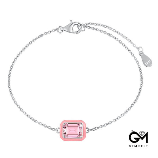 S925 Sterling Silver Pink Rubber Drop Rectangular Zircon Bracelet