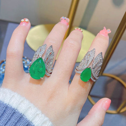 New Retro Simulation Emerald Open Ring Creative Angel Wings Colorful Treasure Ring