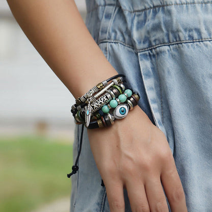 Multilayer Beaded Adjustable Bracelet In Blue Eyes Leather