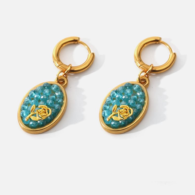 Paraiba Tourmaline Crushed Rose Oval Drop Earrings