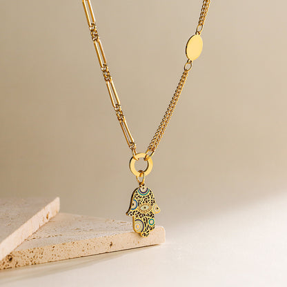 Hamsa & Heart Shape Pendant Chain Necklace