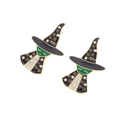 Halloween Witch Stud Earrings Alloy Inlaid Zircon Retro Drip Oil Figure Earrings